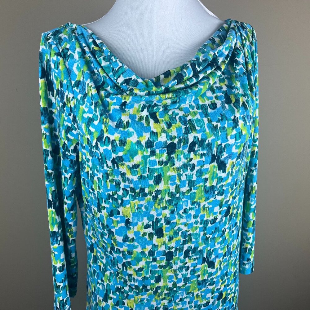 Ann Taylor Women's 3/4 Sleeve Top Blouse Size S Blue Green White, Cowl Neck, Str
